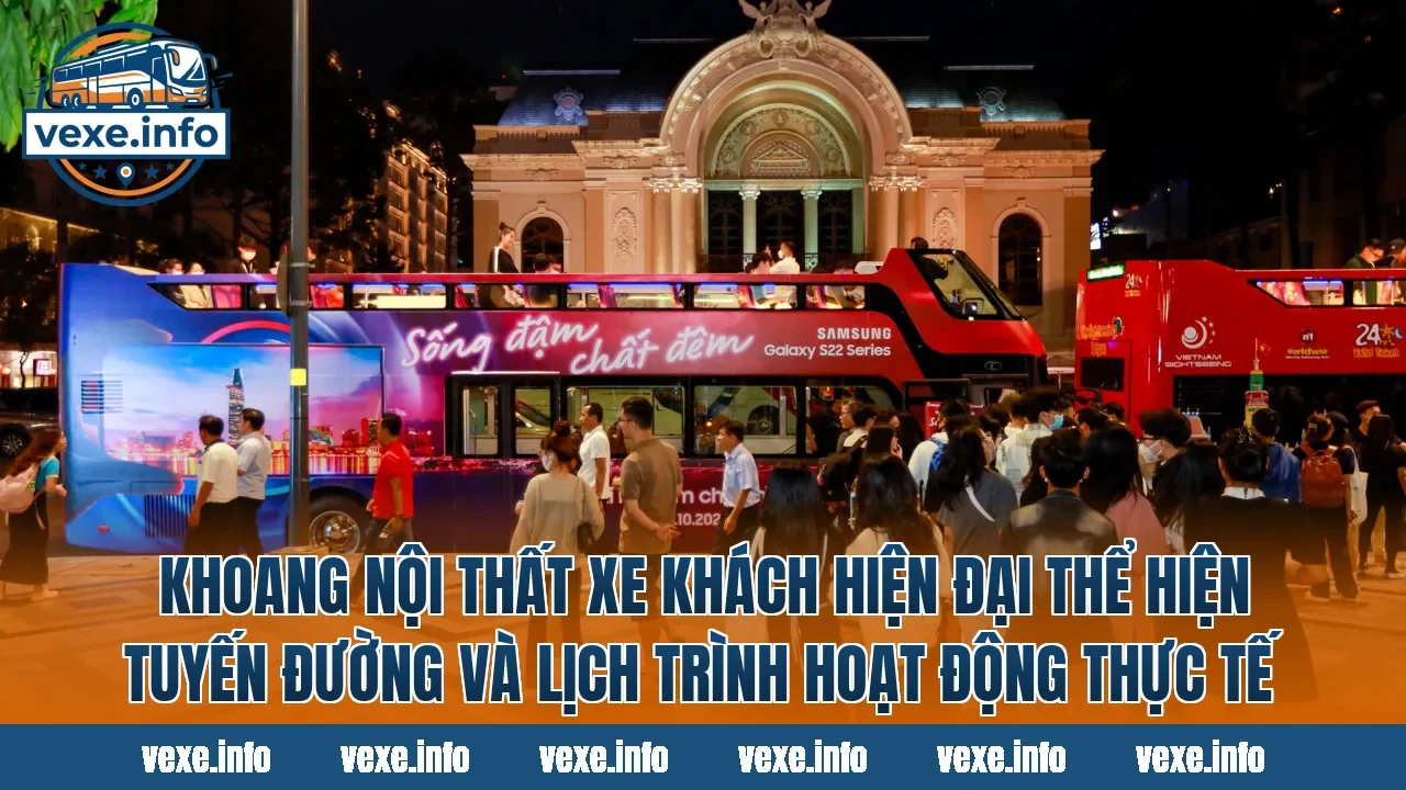Khoang nội thất xe khách hiện đại thể hiện tuyến đường và lịch trình hoạt động thực tế